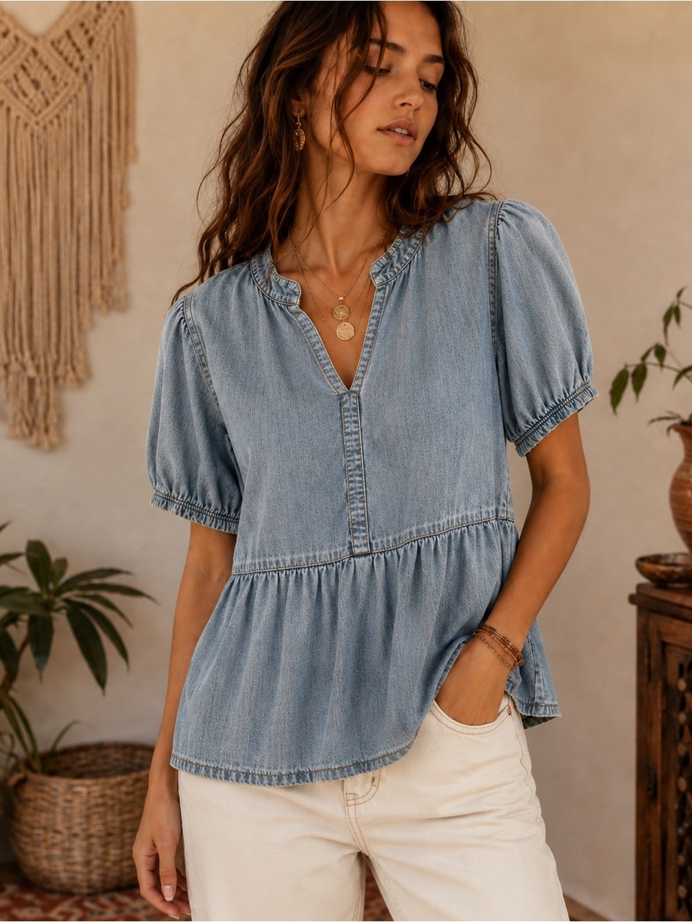 Velvet Heart Light Blue Denim Peplum Blouse
